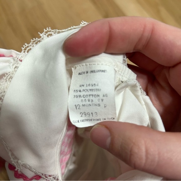 Vintage Smocked Embroidered Dress 12 mos Floral Pink Gingham Long Sleeve - Picture 7 of 8